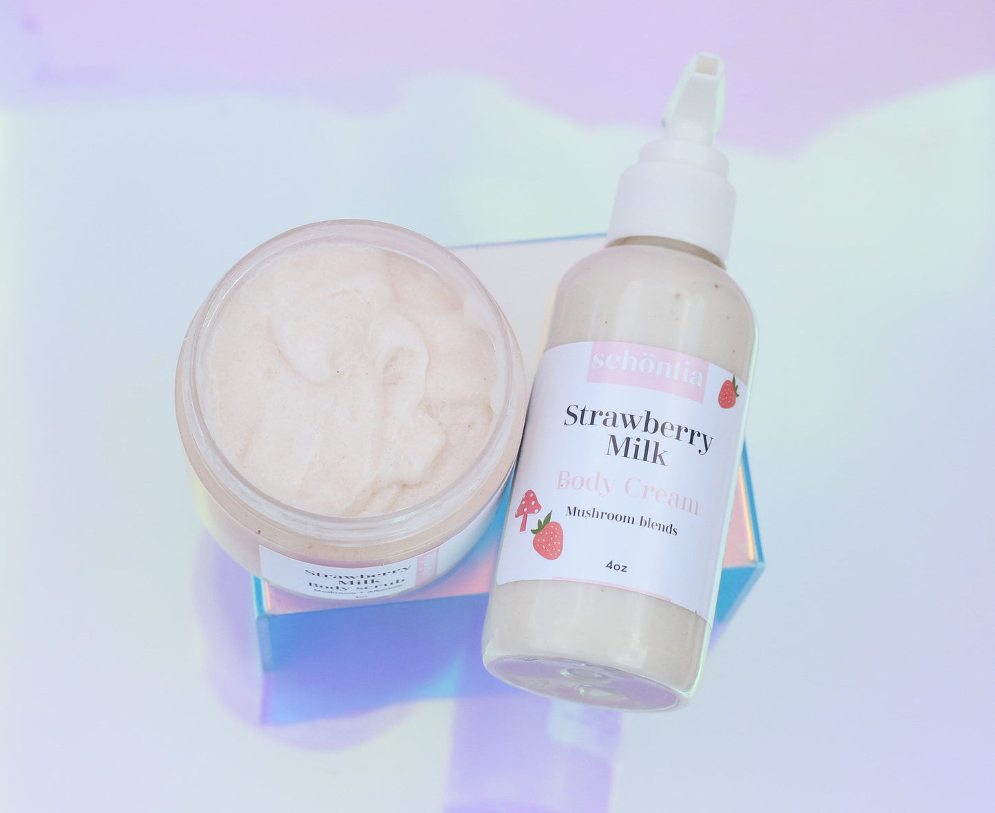 Mushroom Powder & Strawberry Body Lotion, Strawberry Body Scrub, Skincare Set, Moisturizing, Naturally Daily Moisturizer