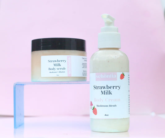 Mushroom Powder & Strawberry Body Lotion, Strawberry Body Scrub, Skincare Set, Moisturizing, Naturally Daily Moisturizer